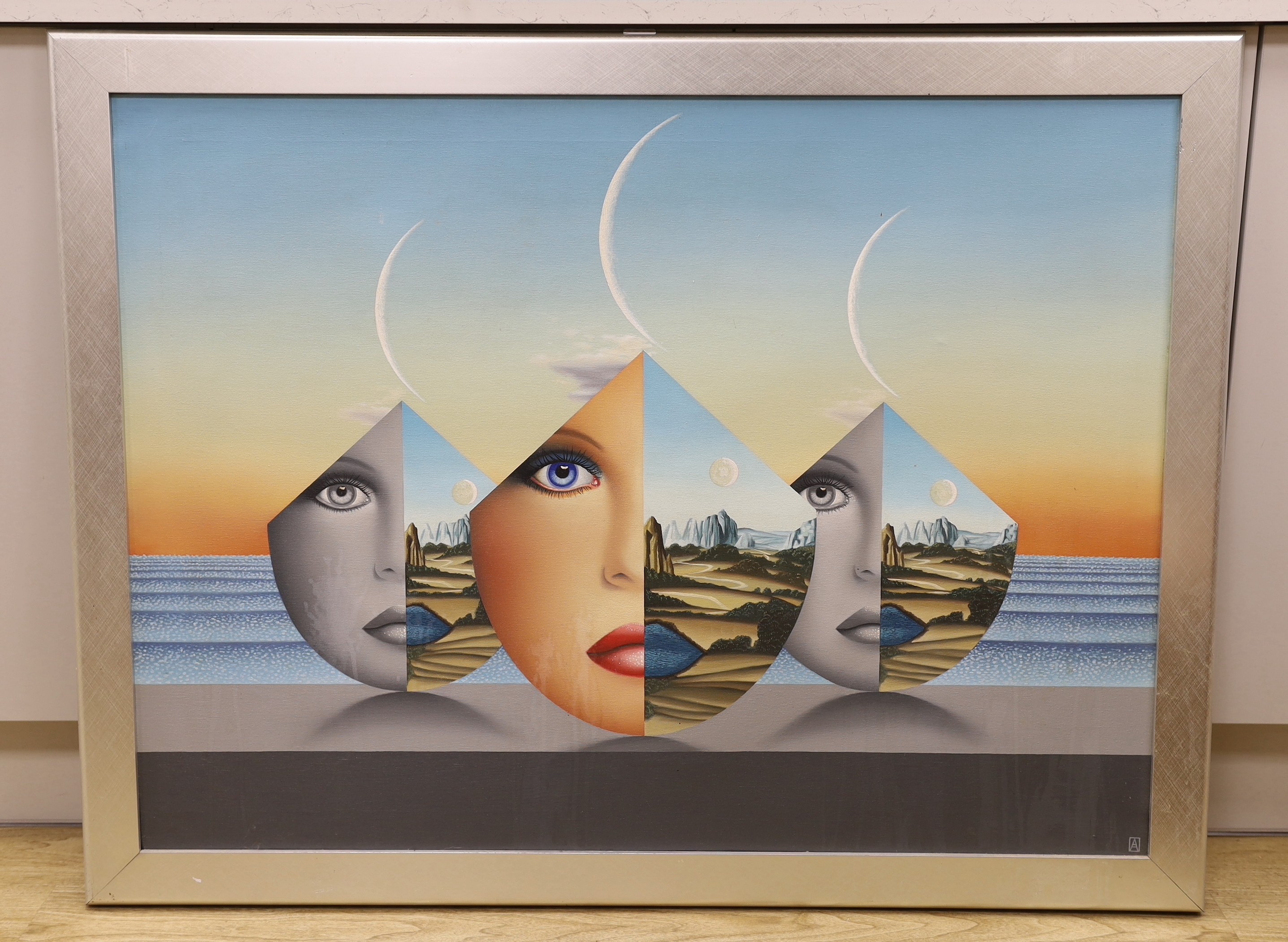 Anthony John Gray (b.1946), acrylic on canvas, Surrealist landscape, monogrammed, 75 x 102cm